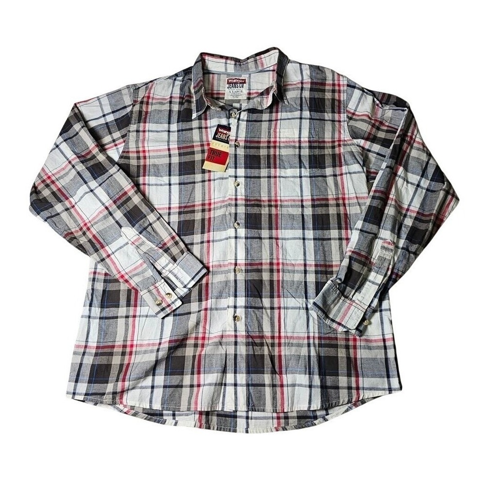 NWT Wrangler Jeans Men's Plaid Button Up White Grey Red Size XL PTP 25 L 29.5